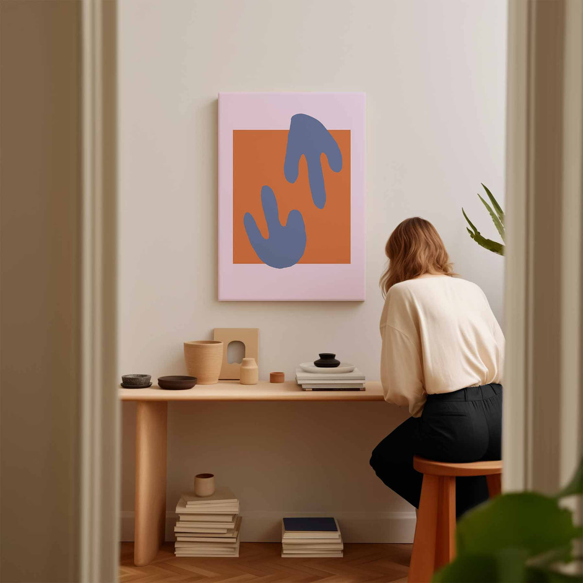 Abstracte Kleurencompositie in Paars en Oranjebruin – staand kunstwerk voor modern interieur