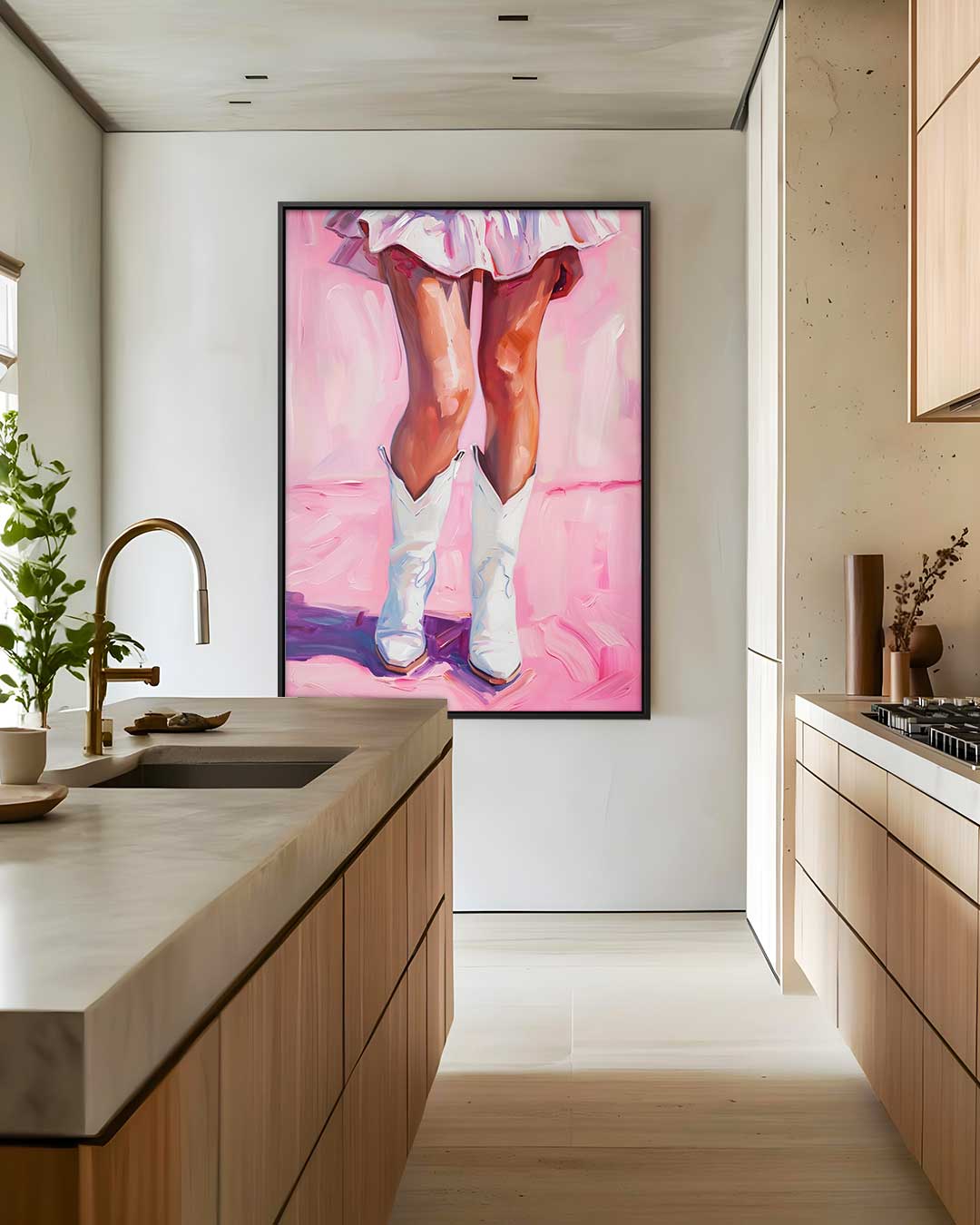 Dansende Laarzen op Roze – modern portret kunstwerk van WallArtistic
