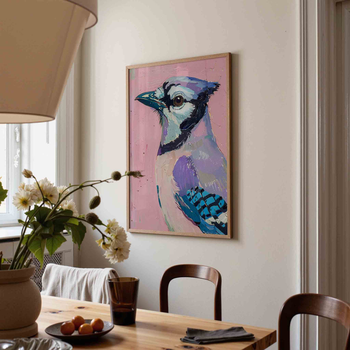 Vogel op roze achtergrond – kunst en design poster in portret formaat