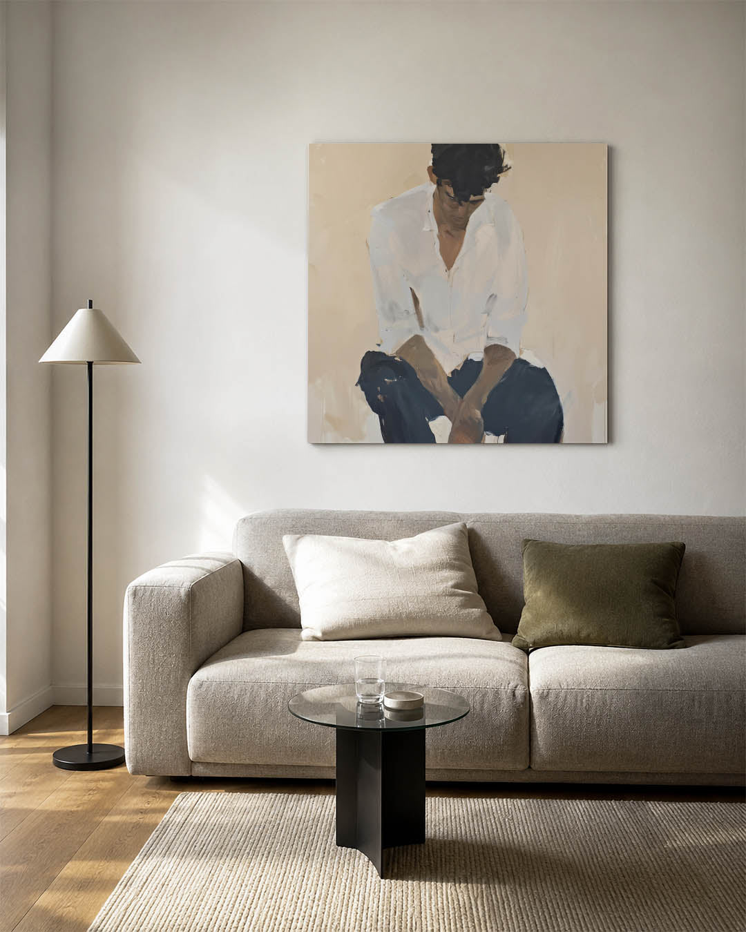 Zittende gestalte kunstwerk – vierkante wanddecoratie – dit kunstwerk toont een zittende figuur in een ontspannen houding. De