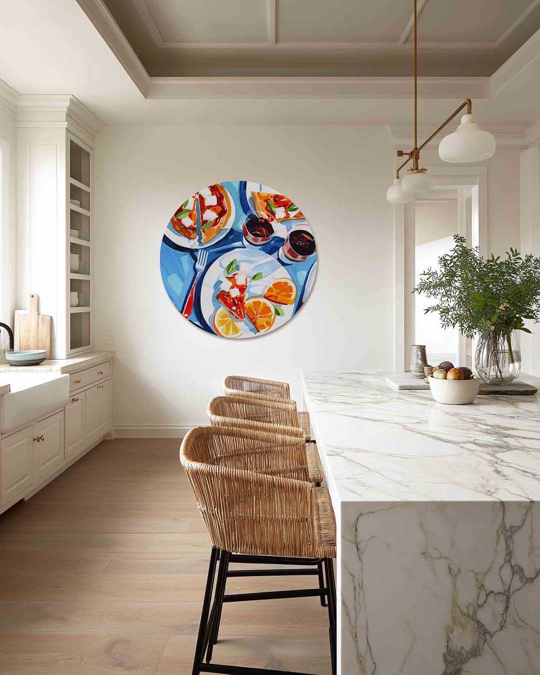 Pizza en sinaasappels – abstracte muurcirkel als ronde wanddecoratie