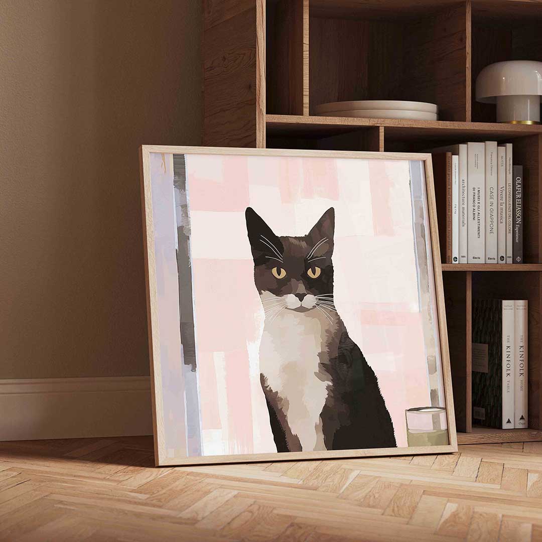 Kat met roze achtergrond – moderne wandkunst als vierkante poster