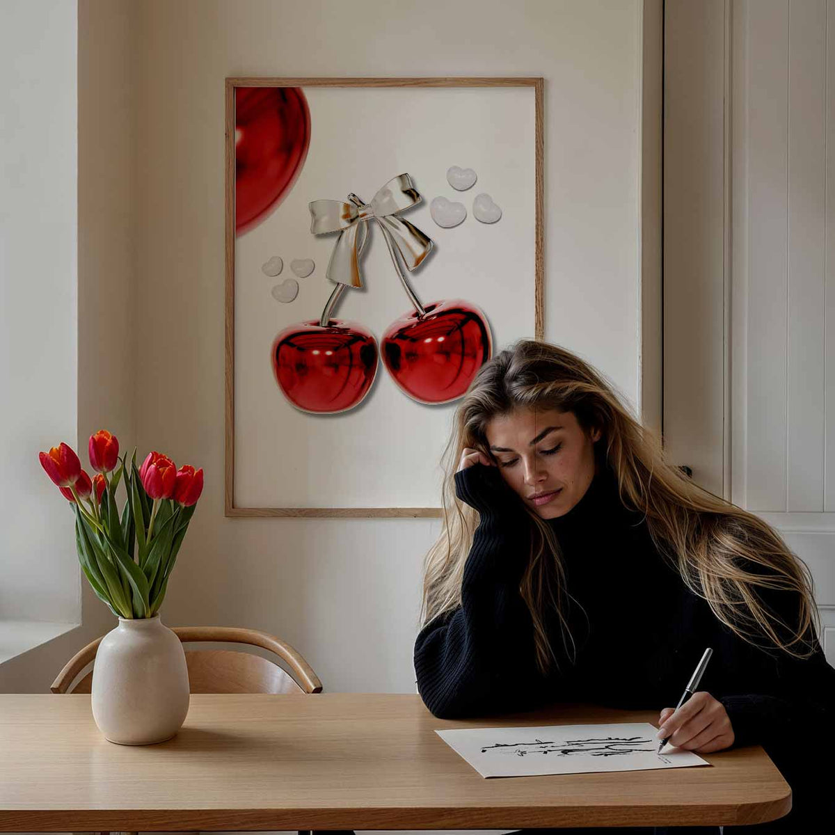 Kersenliefde met Strik – staande muurposter met zomerse uitstraling