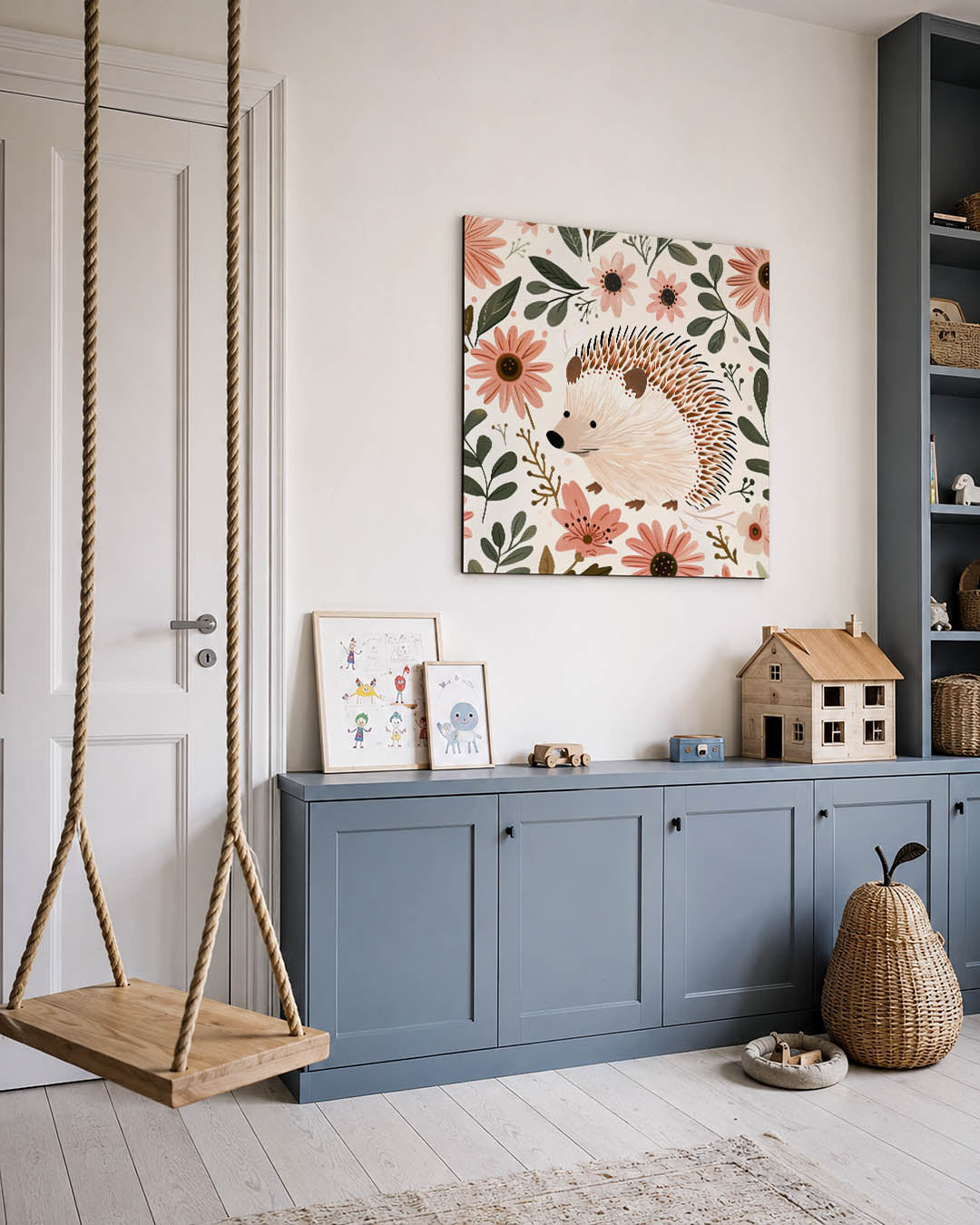 Bloemen en egel kunstwerk – vierkante wanddecoratie – dit kunstwerk toont een schattige egel omringd door bloemen en