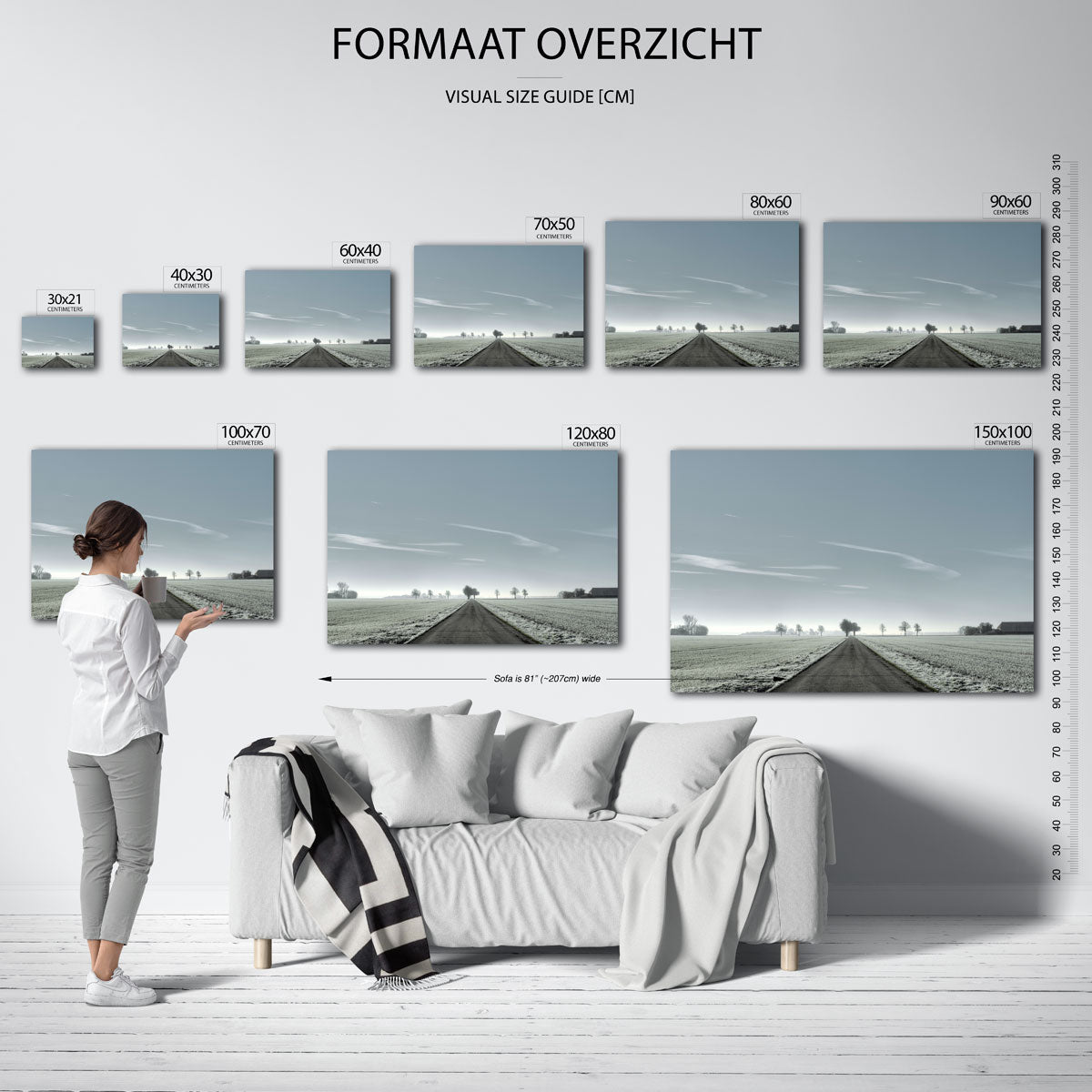 Rustige weglandschap poster – sfeerbeeld – een lange, rechte weg strekt zich uit door een open landschap. De lucht is helder