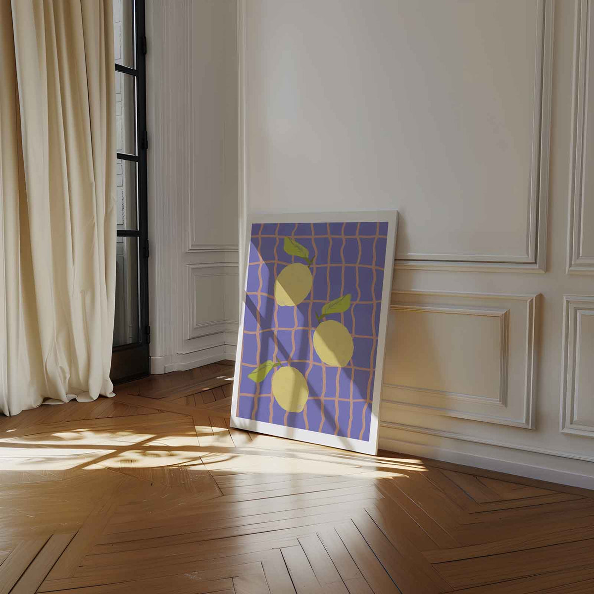 Citroenen op Blauw Ruitpatroon – kunstwerk met zwarte baklijst