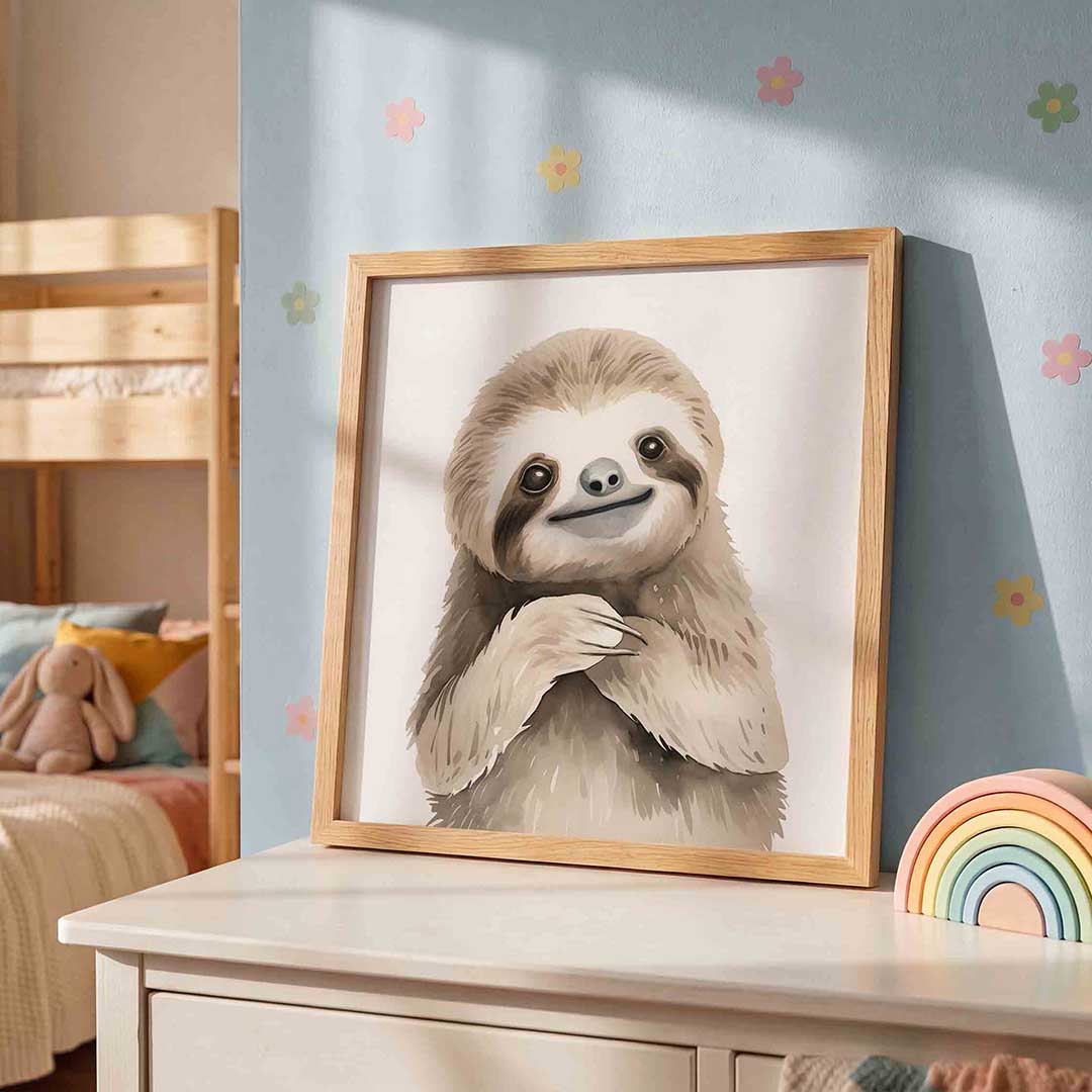 Lachende luiaard – speelse wandkunst als vierkante kinderposter