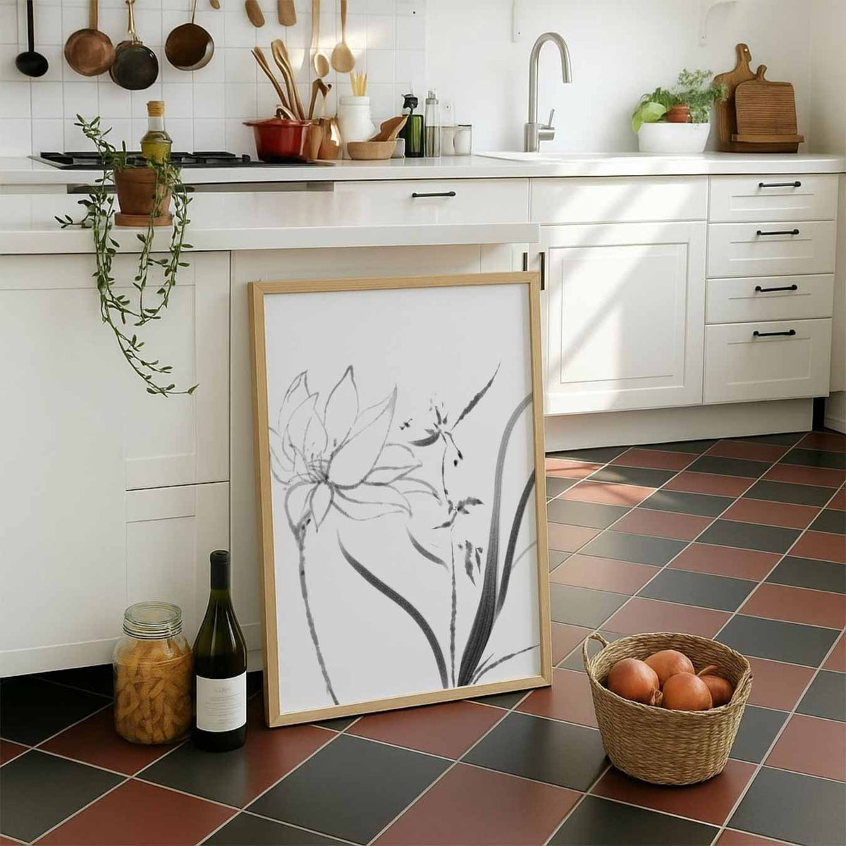 Elegante Zwart-wit Bloemenprint – staande muurposter met zomerse uitstraling