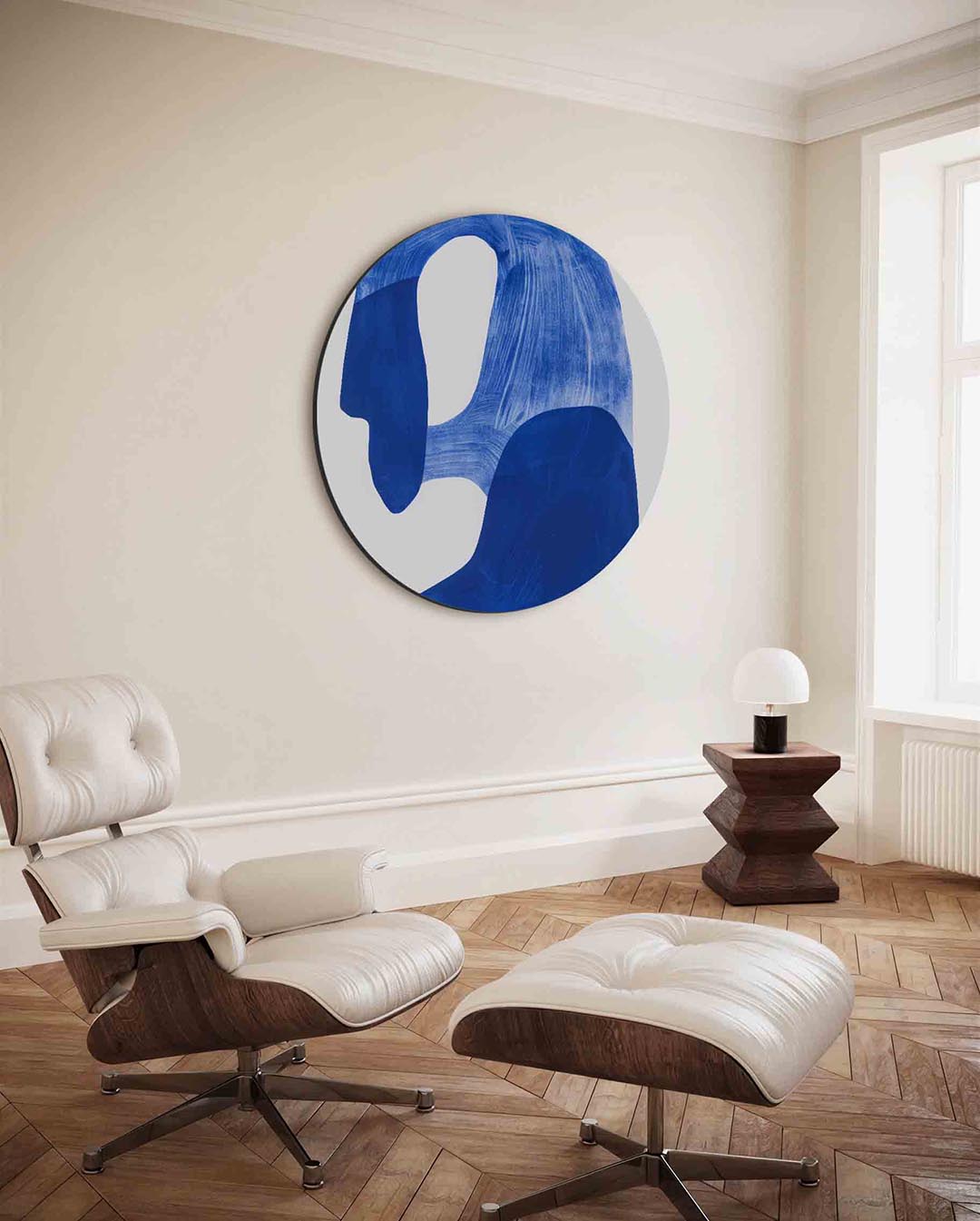 Abstracte blauwe vormen – moderne ronde wanddecoratie van WallArtistic