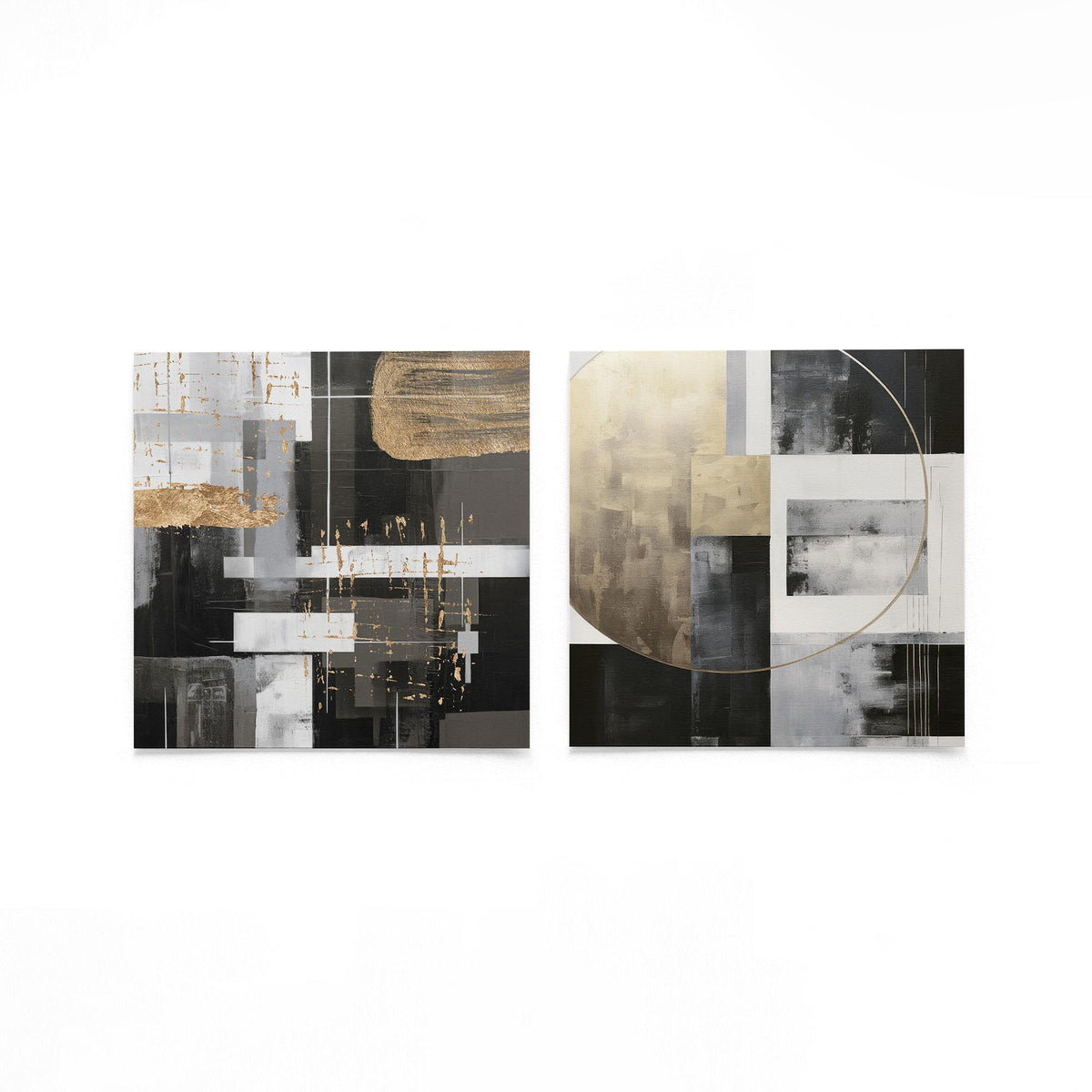 Twee vierkante posters met zwart goud geometrisch op een gebroken witte achtergrond