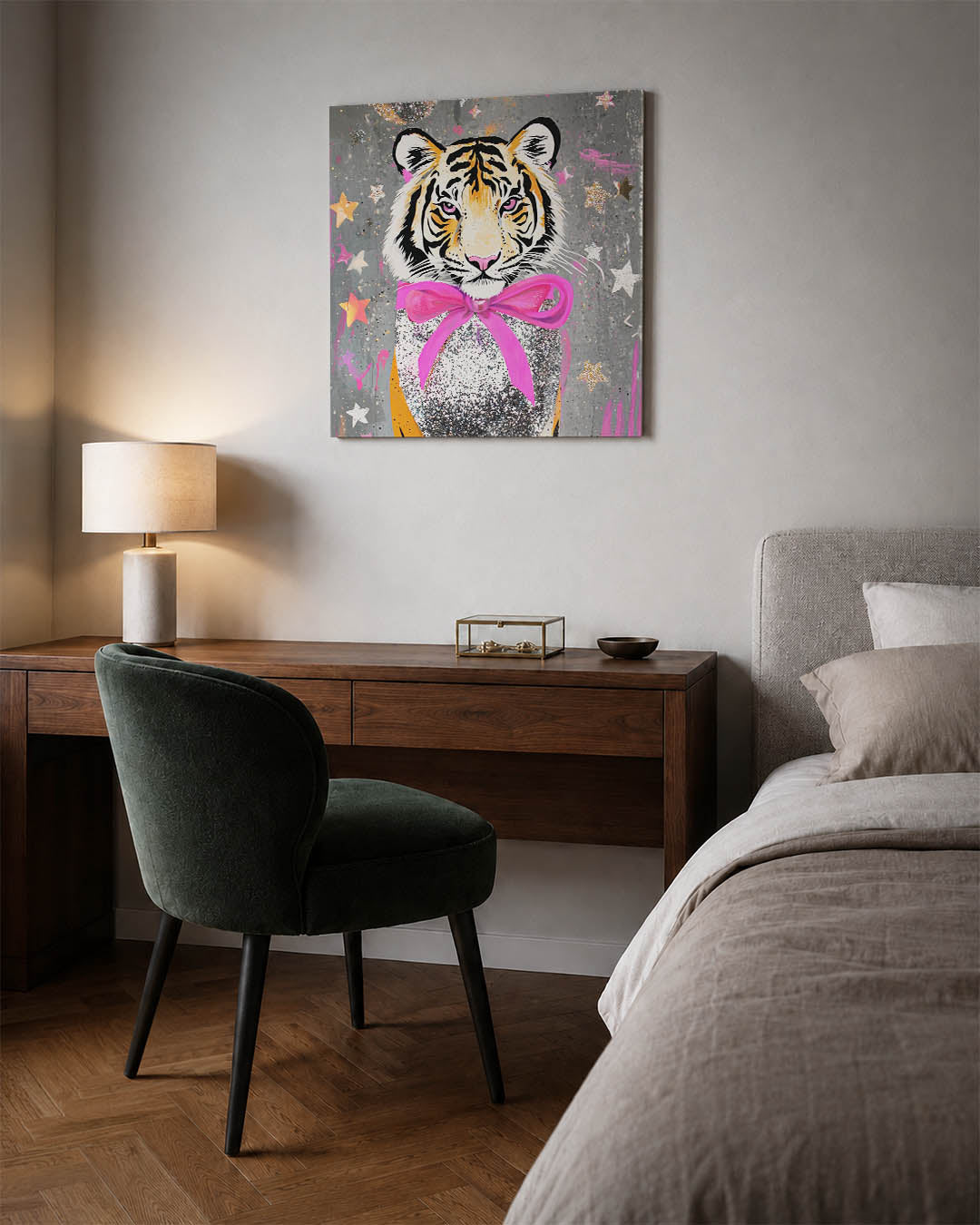 Kleurrijke tijger kunstwerk – materiaalweergave – dit werk toont een tijger met levendige kleuren en een speelse compositie