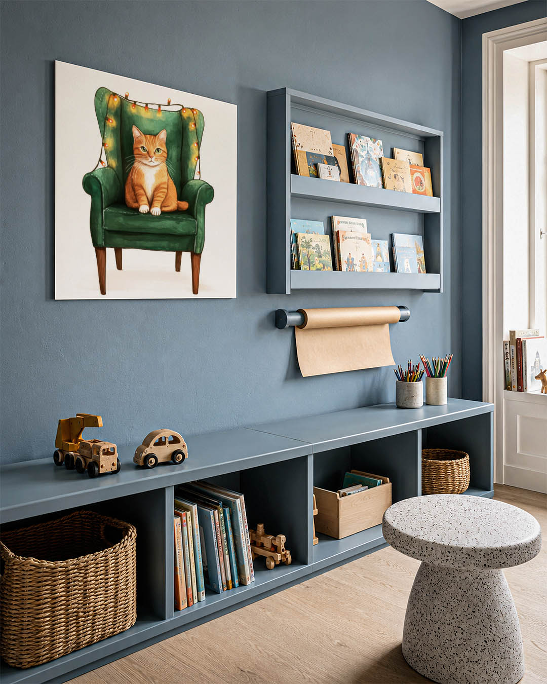 Kat op groene stoel kunstwerk – detailweergave – een oranje kat zit op een groene fauteuil, omringd door warme lichtjes. De