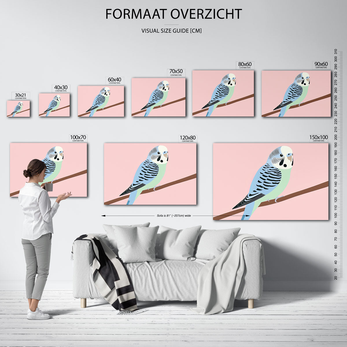 Parkiet op tak – liggende muurposter met dierenthema