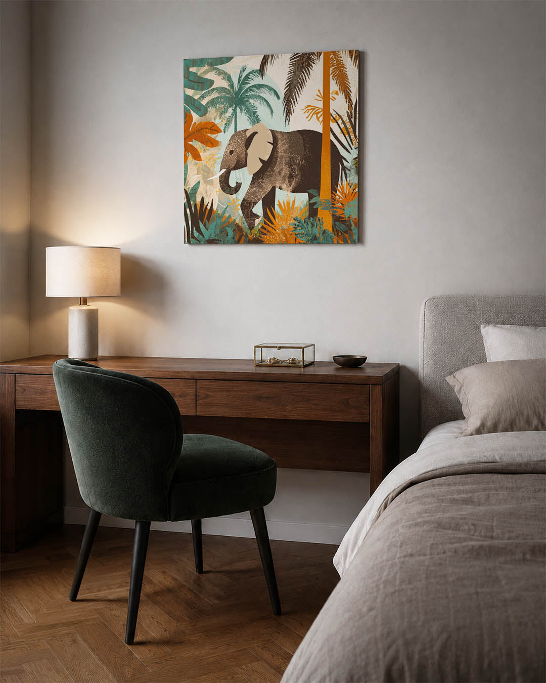 Dierlijke jungle scène kunstwerk – materiaalweergave – dit kunstwerk toont een olifant in een weelderige jungle, omringd door