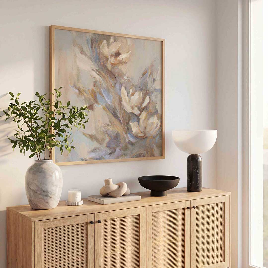 Bloemen in zachte tinten – rustige abstracte wandkunst als vierkante poster