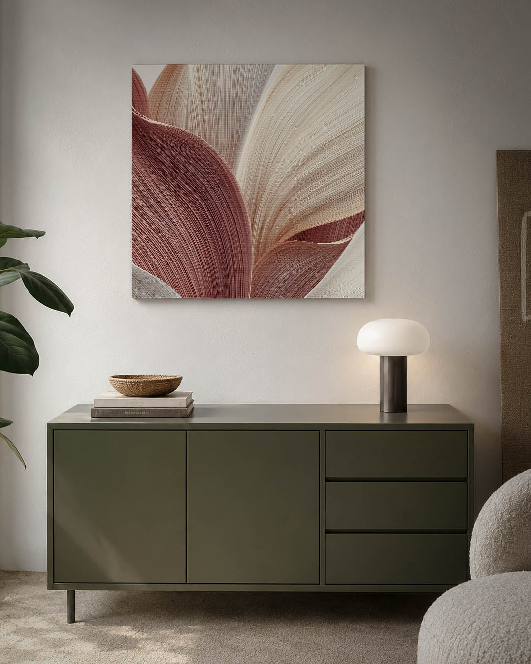 Organische lijnen kunstwerk – detailweergave – dit kunstwerk toont vloeiende, golvende vormen in zachte beige en bruin