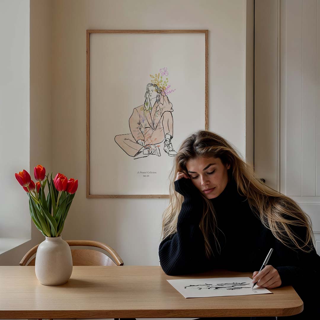 Vrouwelijke Bloemenillustratie – lijntekening poster in staand formaat
