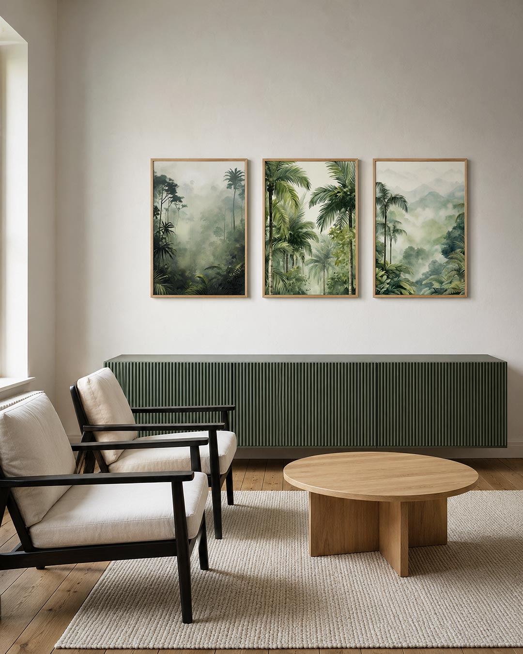 Groene jungle mist posterset – tweede productweergave – deze posterset in drie delen toont een weelderig