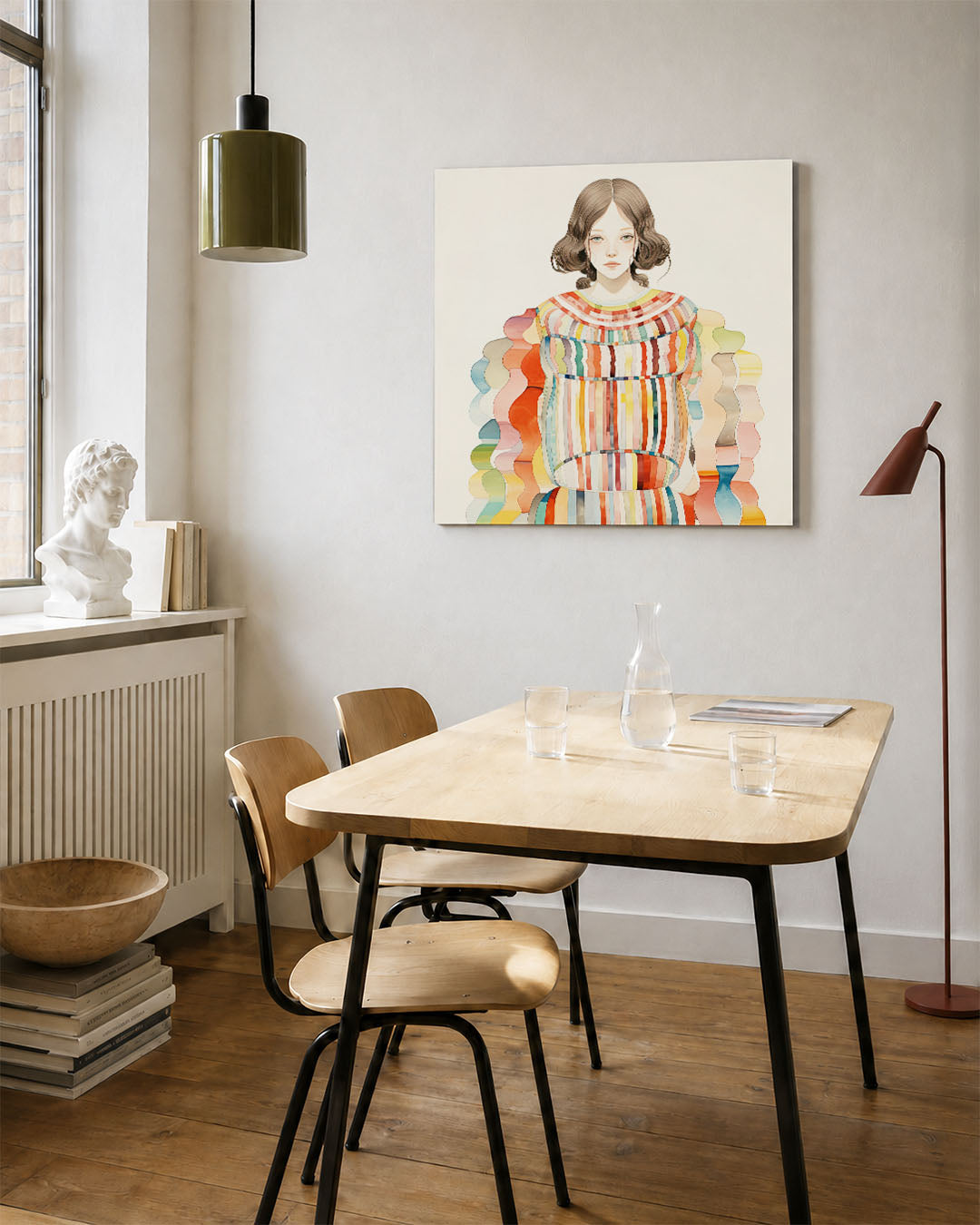 Kleurrijke golvende vormen kunstwerk – vierkante wanddecoratie – dit werk toont een vrouw met een jurk van golvende