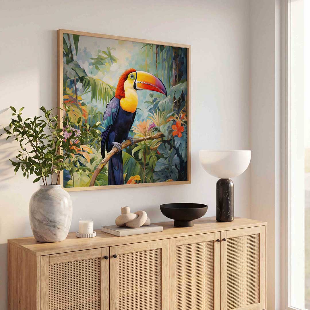 Toekan in jungle – vierkante jungle wanddecoratie van WallArtistic