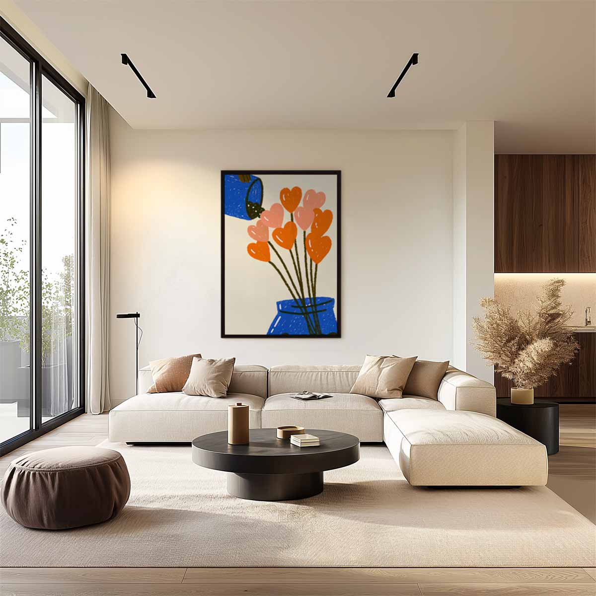 Bloemenhartjes in Blauwe Vaas – canvas wanddecoratie in portret formaat