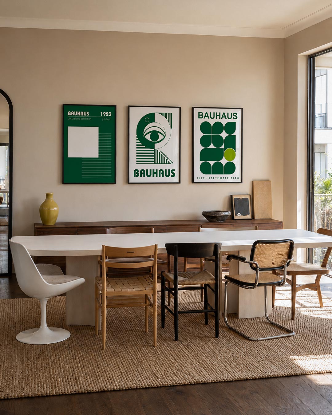 Lijnen en vlakken posterset – tweede productweergave – deze posterset in drie delen toont een groene achtergrond met een