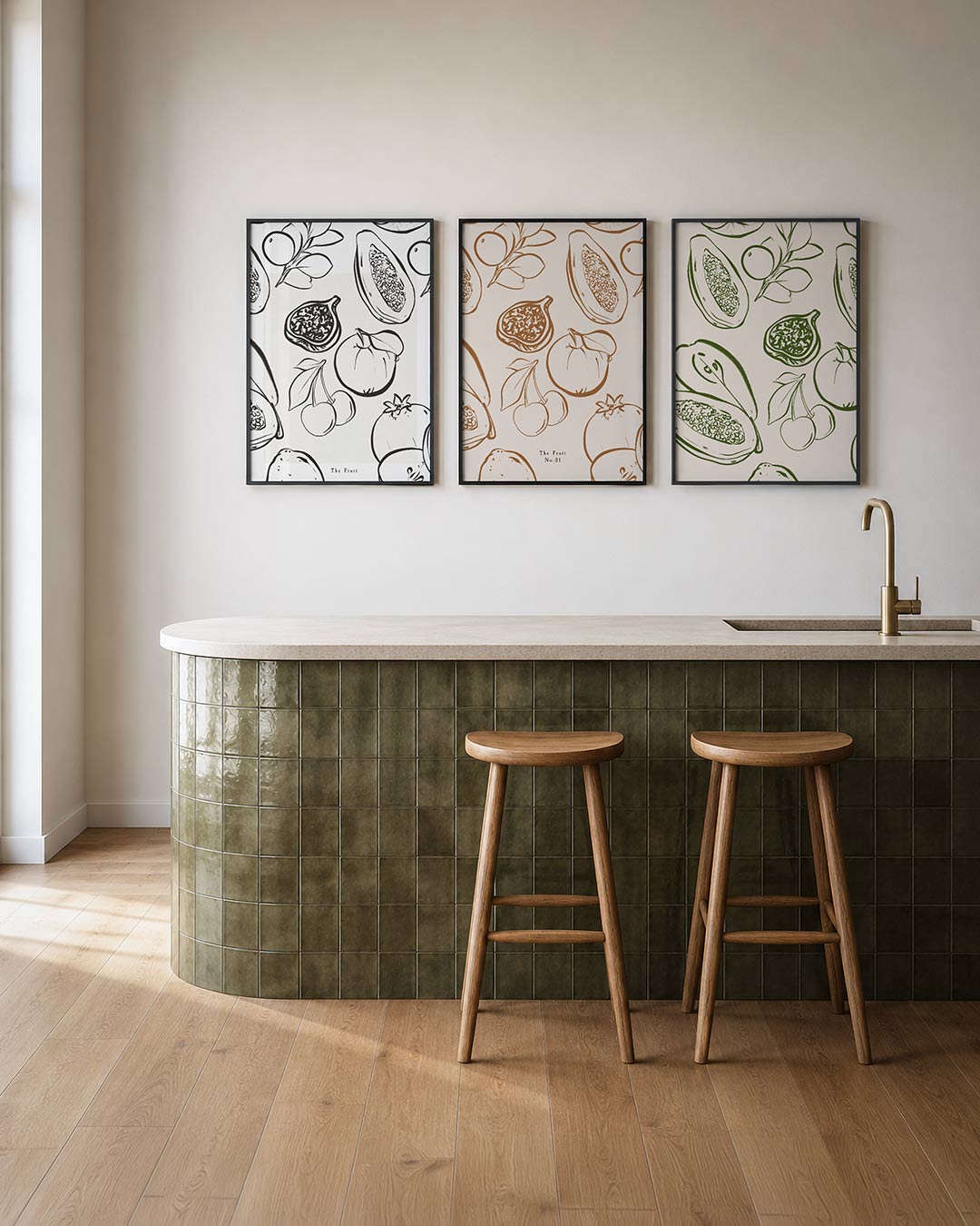 Fruitige lijnenspel posterset – tweede productweergave – zwart-witte fruitillustraties met vloeiende lijnen en subtiele