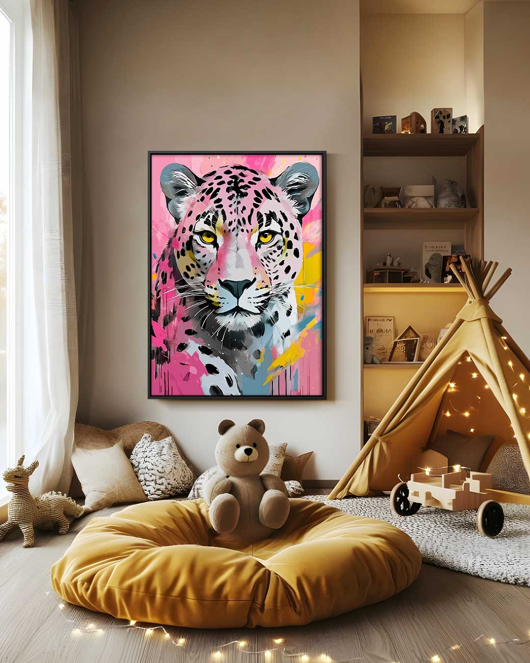Kleurenexplosie Luipaard – canvas wanddecoratie in portret formaat
