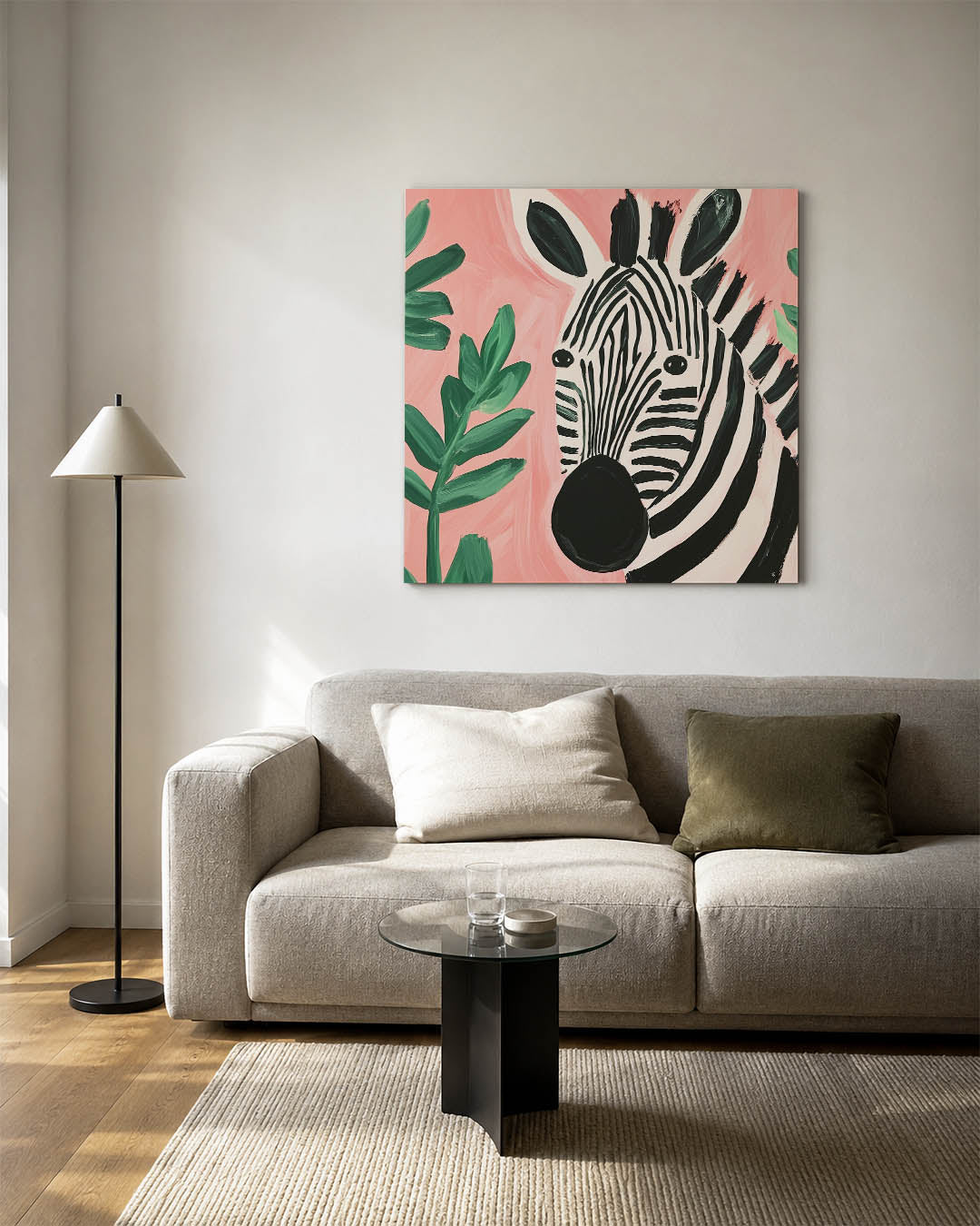 Zebra en bladeren kunstwerk – detailweergave – dit werk toont een zebra met opvallende zwart-witte strepen tegen een roze