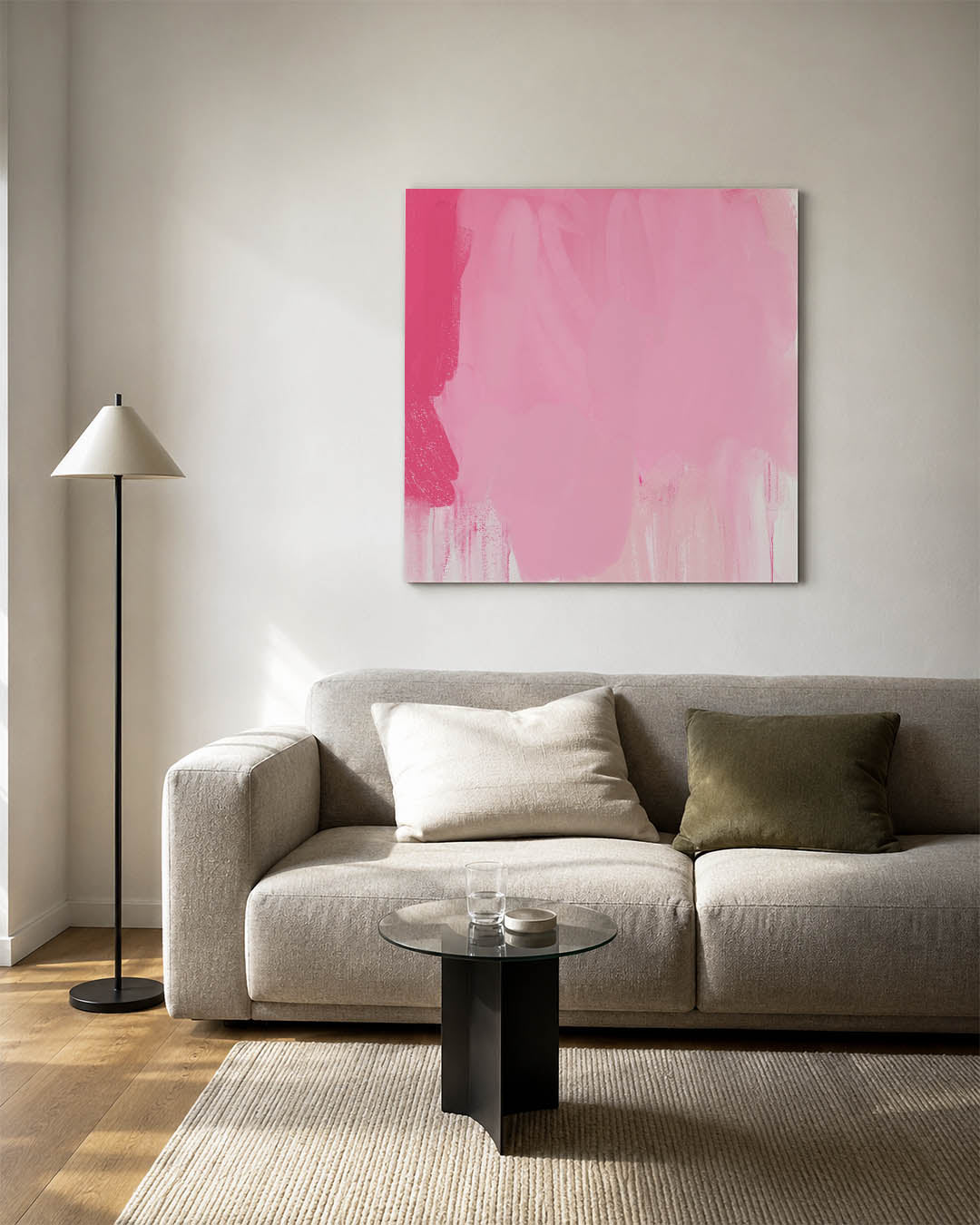 Roze vormen compositie kunstwerk – vierkante wanddecoratie – dit werk toont een zachte mix van roze tinten met vloeiende