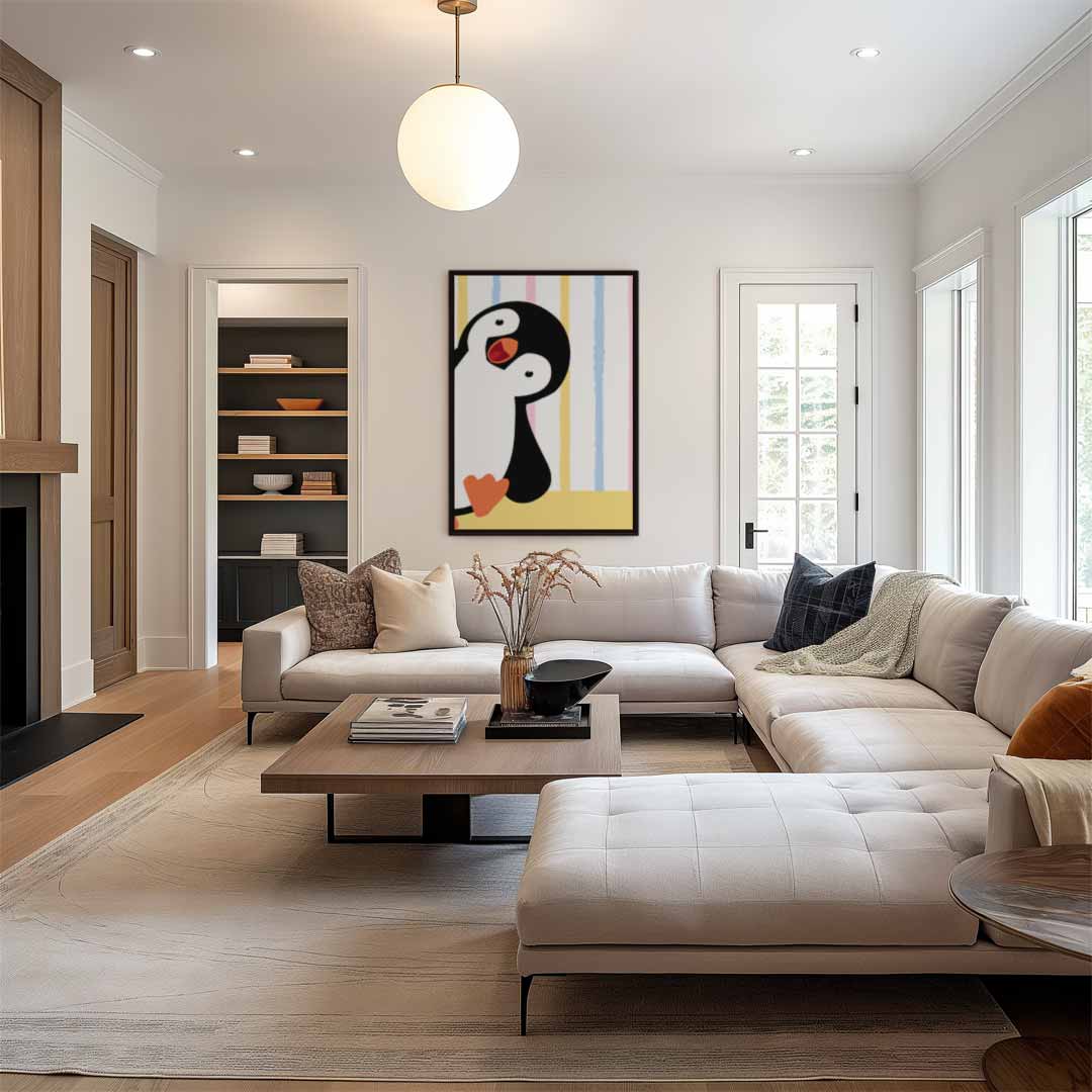 Vrolijke Pinguïn Kunstprint – dibond wanddecoratie in staand formaat