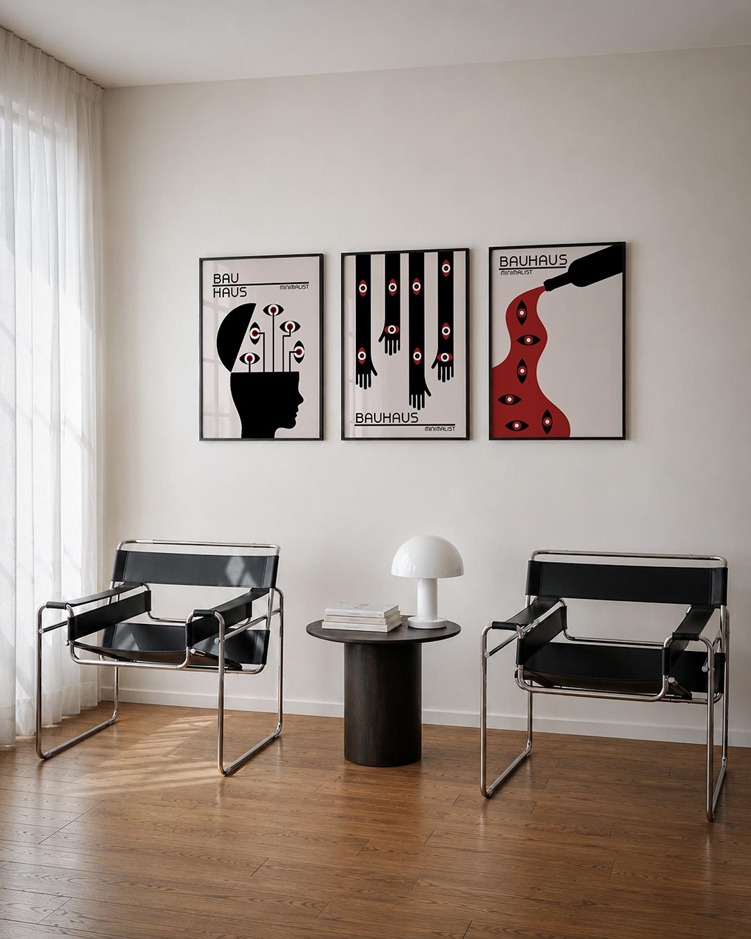Ooglijnenspel driedelige posterset – een silhouet met lijnen die naar ogen leiden. Zwart, wit en rood vormen een strak