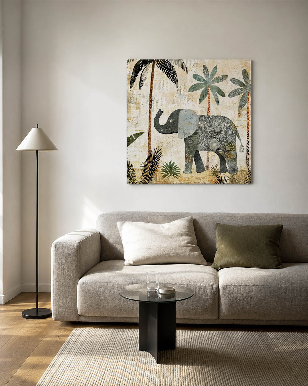 Olifant en palmbomen kunstwerk – detailweergave – dit werk toont een olifant omringd door palmbomen en bladeren. De zachte