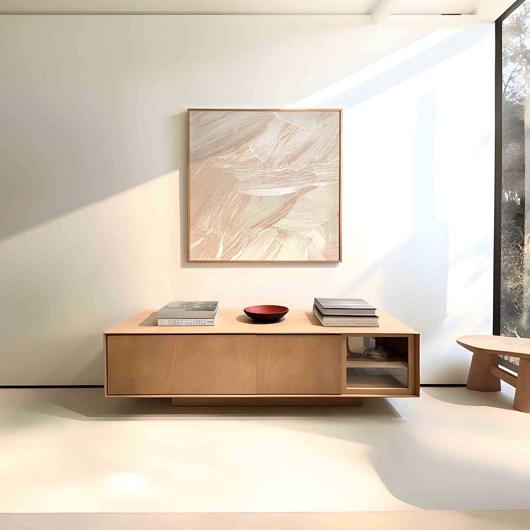 Abstracte beige penseelstreken – vierkante schilderkunst wanddecoratie van WallArtistic