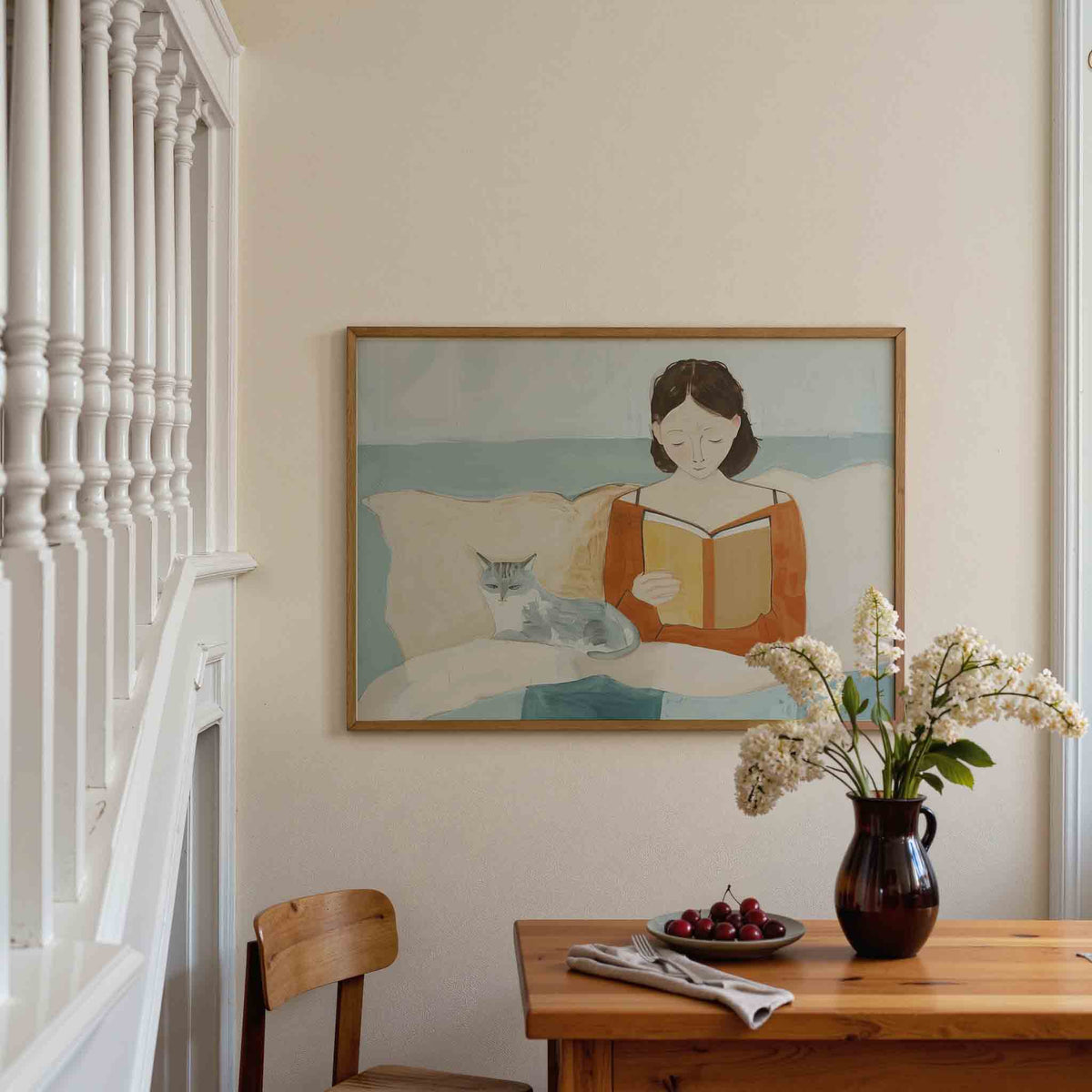 Lezende vrouw met kat – liggende illustratie poster als wanddecoratie