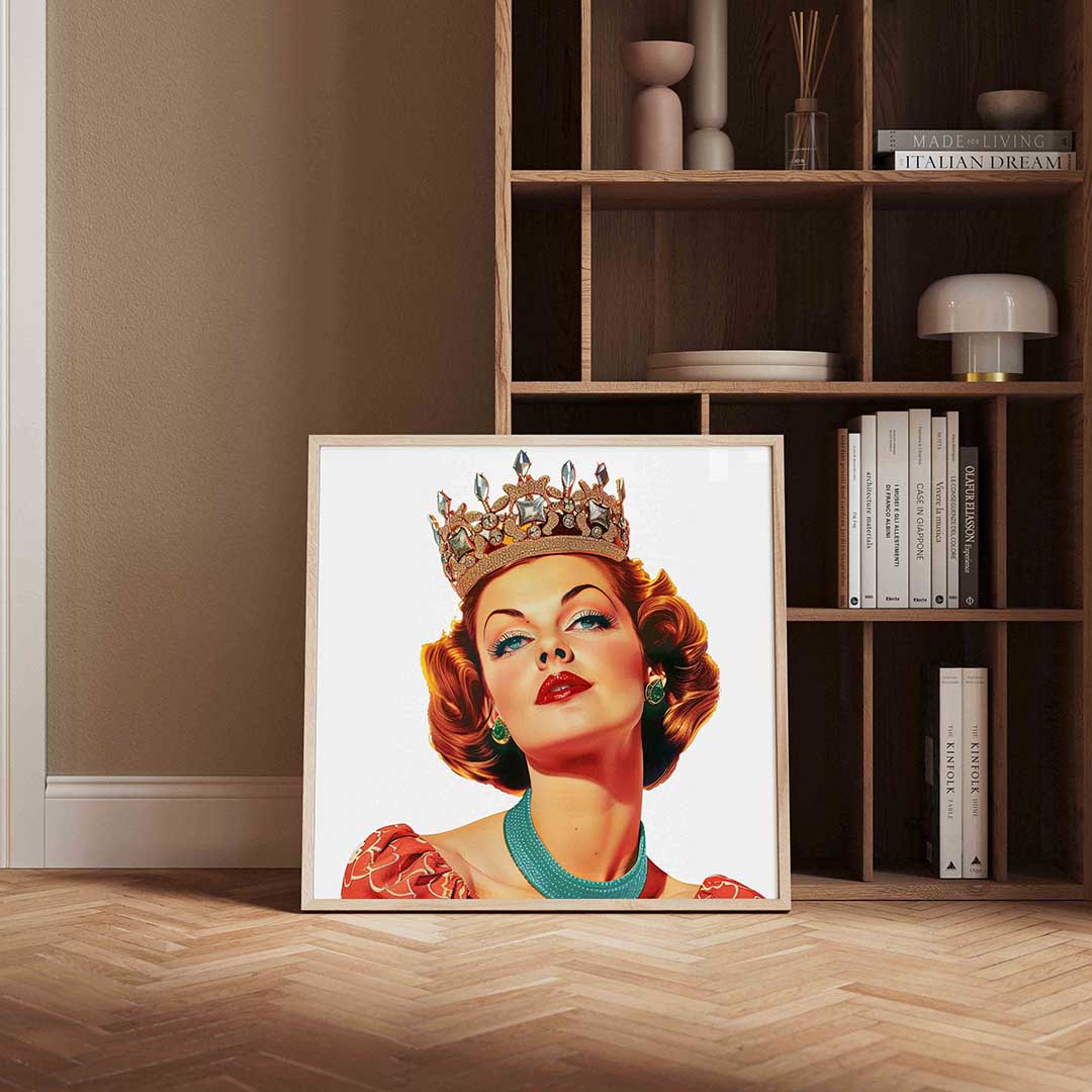 Vrouw met kroon – kleurrijke Pop Art poster in vierkant formaat