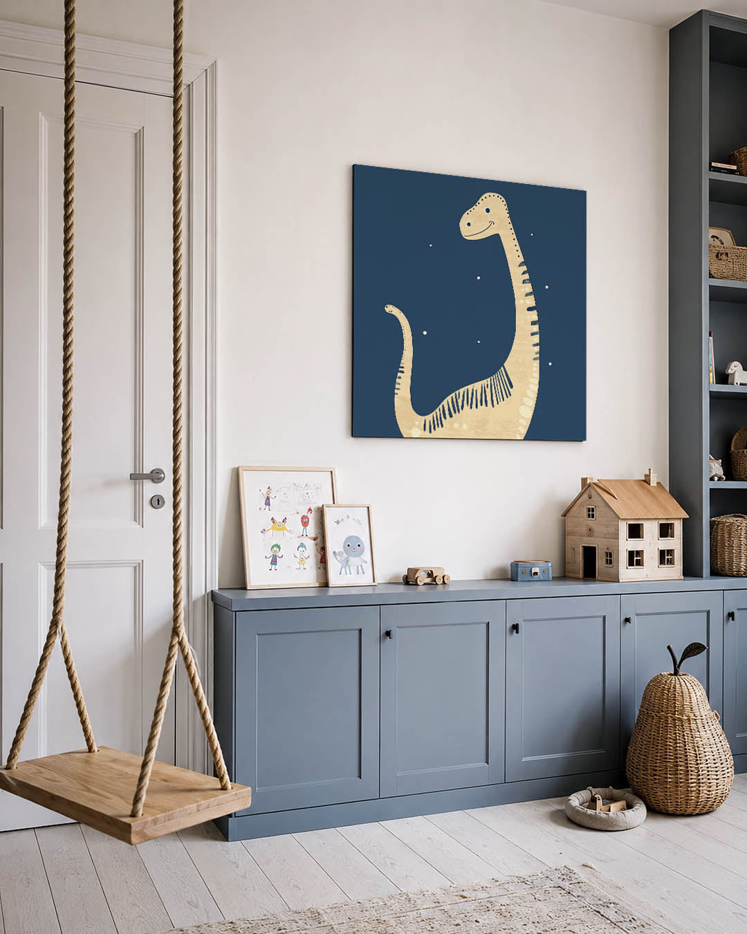 Vrolijke dino illustratie kunstwerk – vierkante wanddecoratie – dit werk toont een lachende dinosaurus met een lange nek