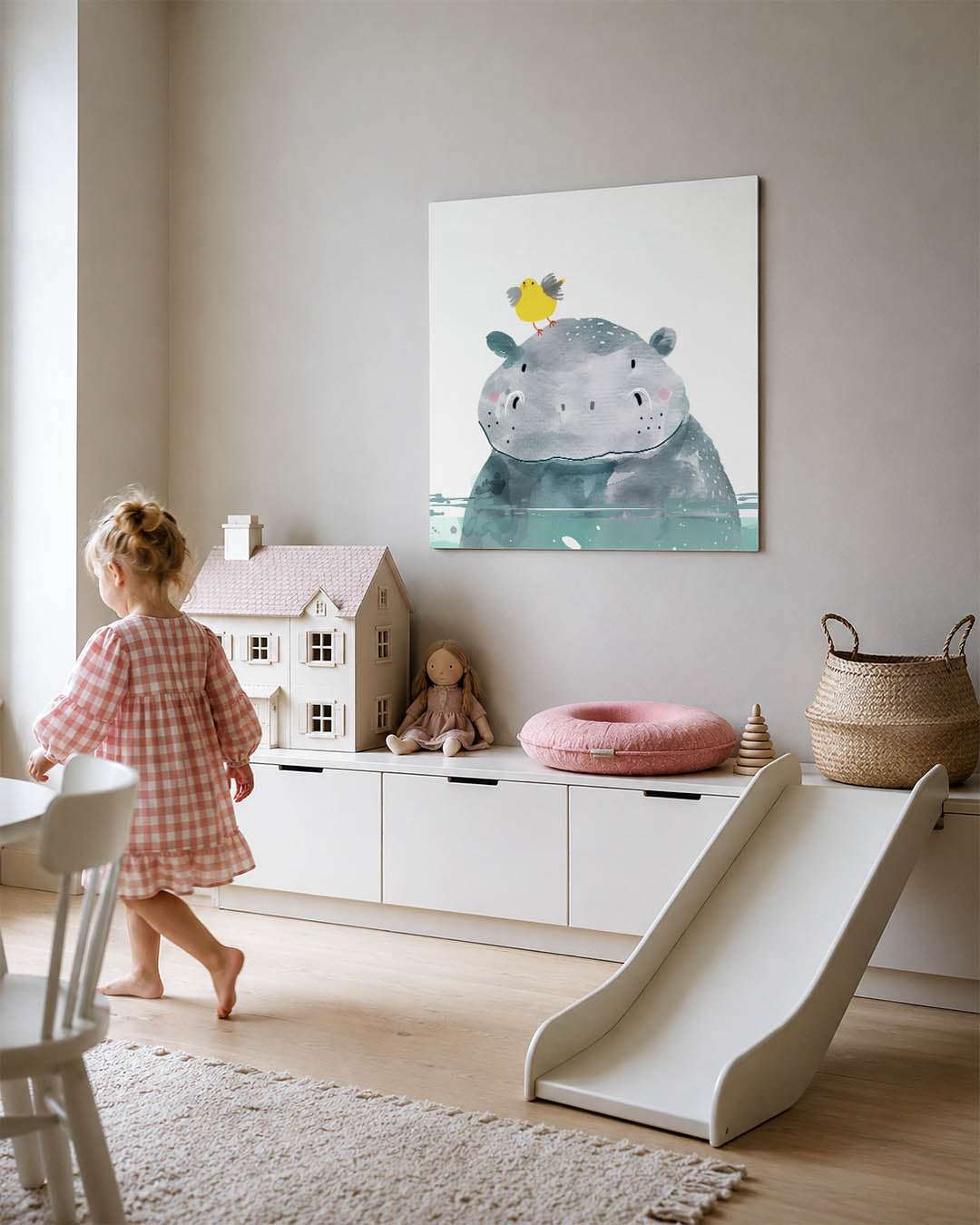 Dierenvrienden illustratie kunstwerk – tweede productweergave – een speelse illustratie van een nijlpaard met een vrolijk