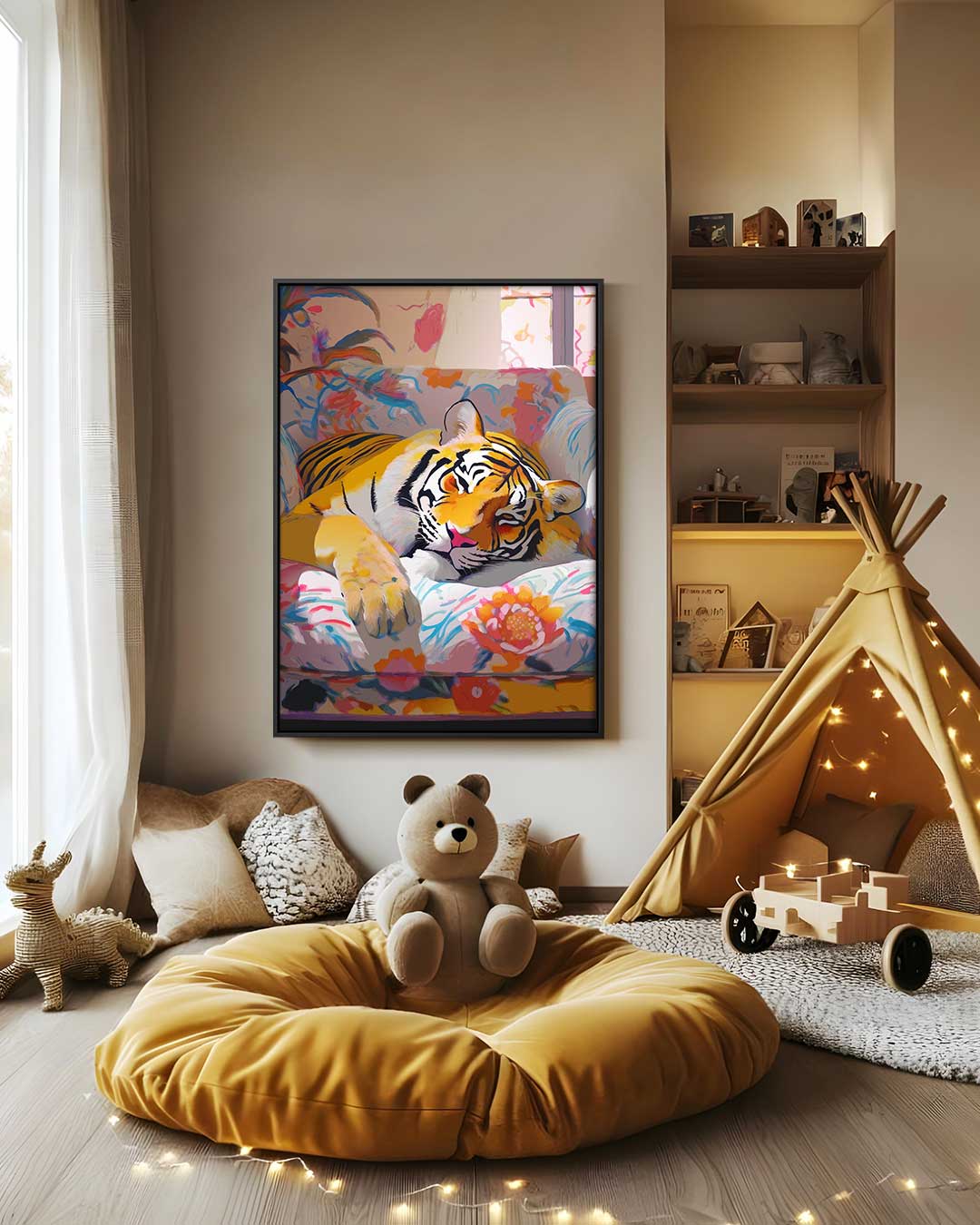 Luie Tijger Knus in Bloemenfauteuil – canvas wanddecoratie in portret formaat