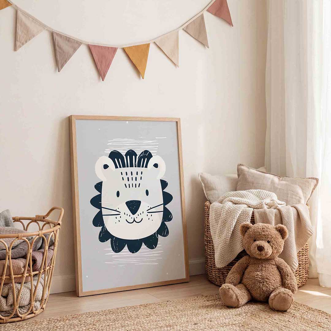 Leeuw gezicht – speelse wandkunst als portret kinderposter