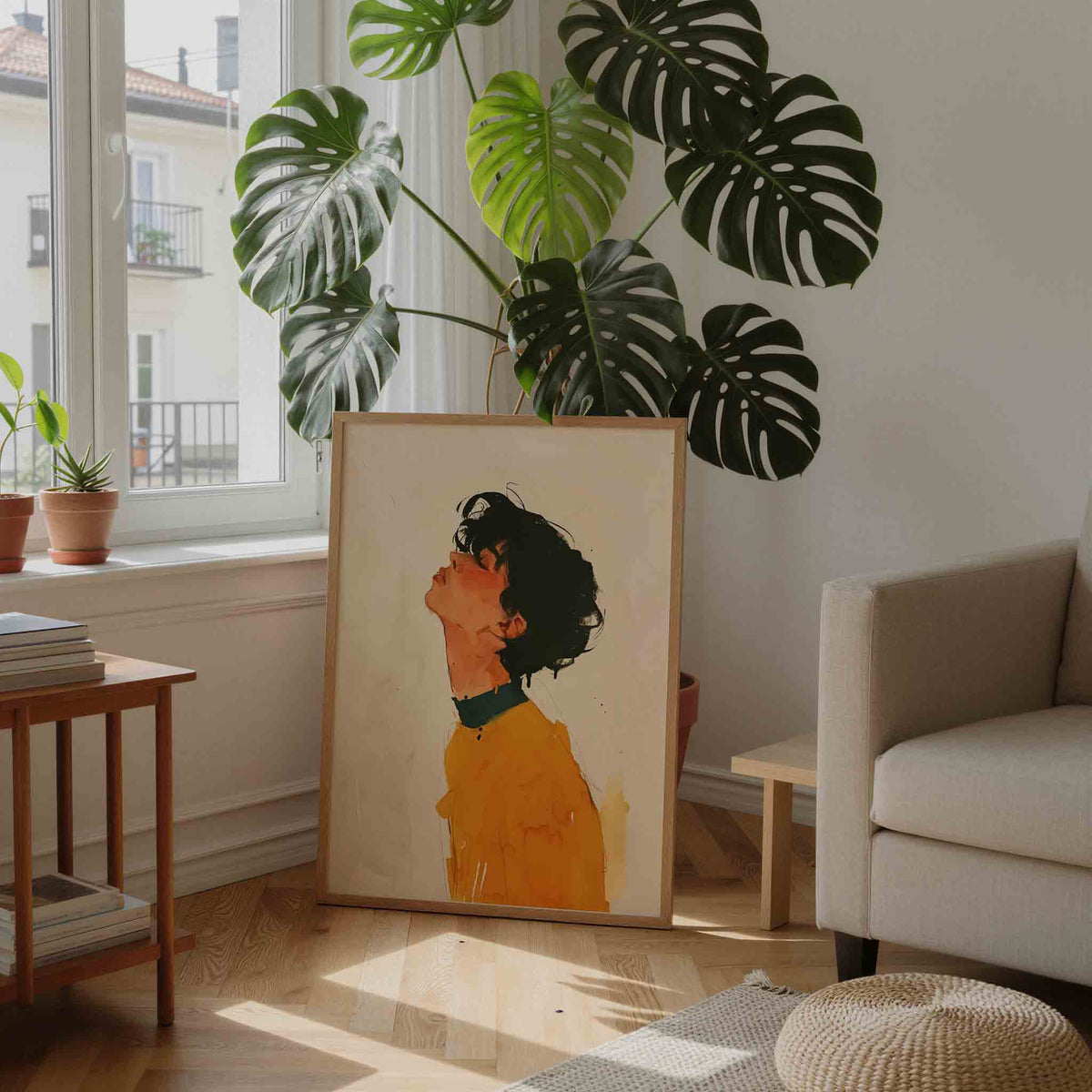 Portret met oranje trui – moderne illustratie als portret poster