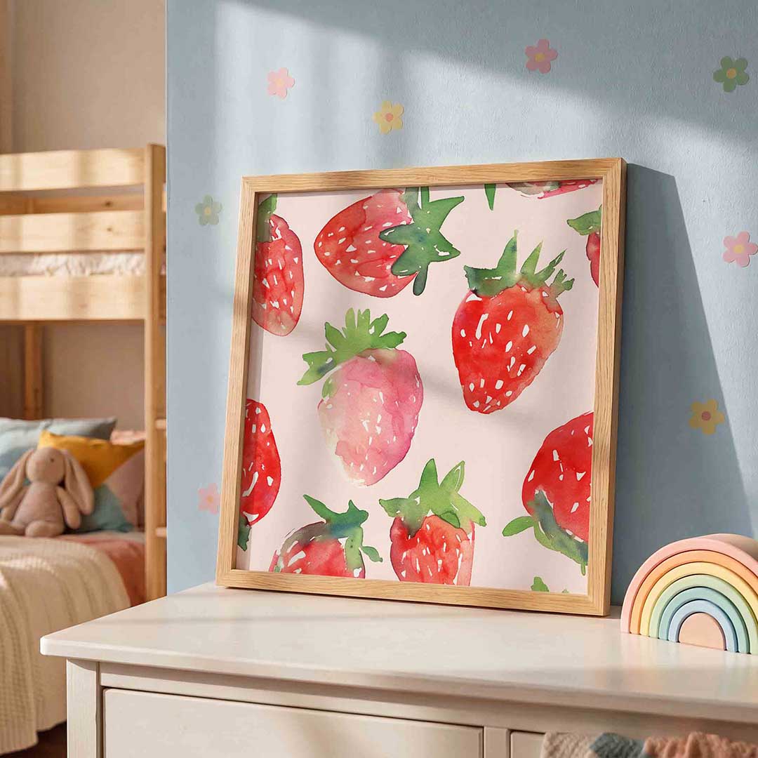 Aardbeien patroon – speelse wandkunst als vierkante kinderposter