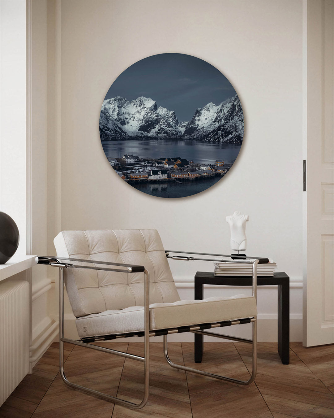 Bergen en huizen – fotografie muurcirkel als ronde wanddecoratie