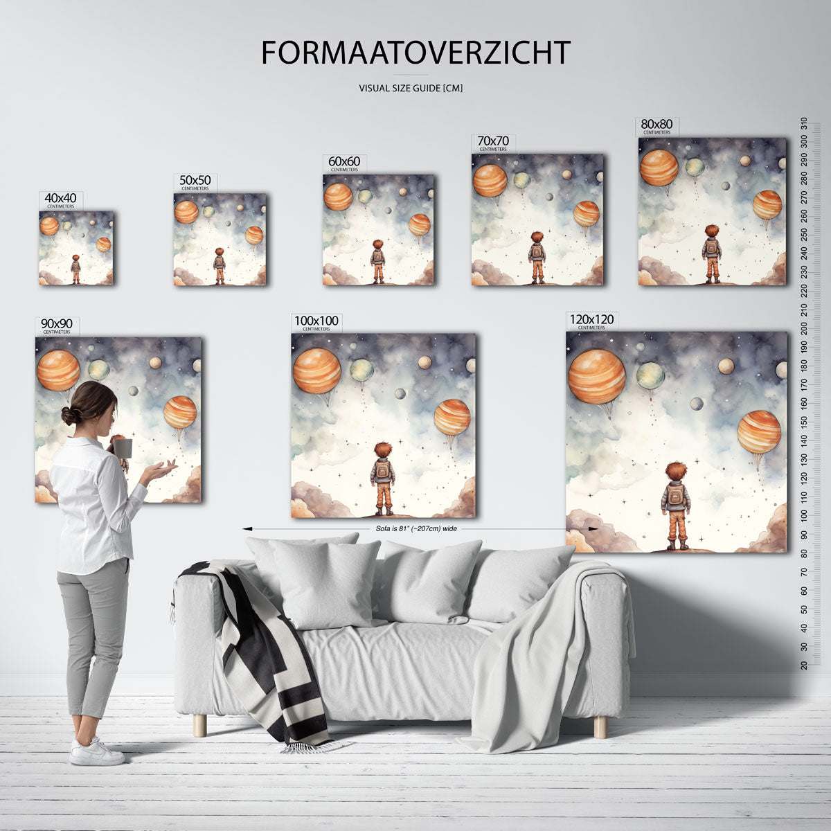 Jongen met planeten – vierkante muurposter voor de kinderkamer