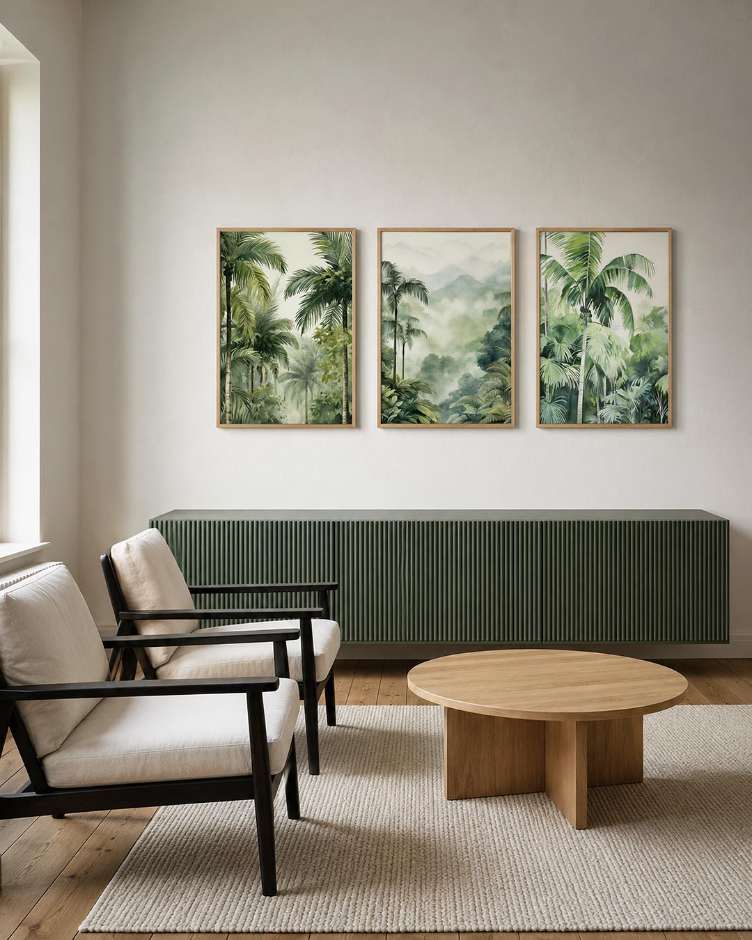 Groene palmritmes posterset – tweede productweergave – deze posterset in drie delen toont weelderige palmbomen met