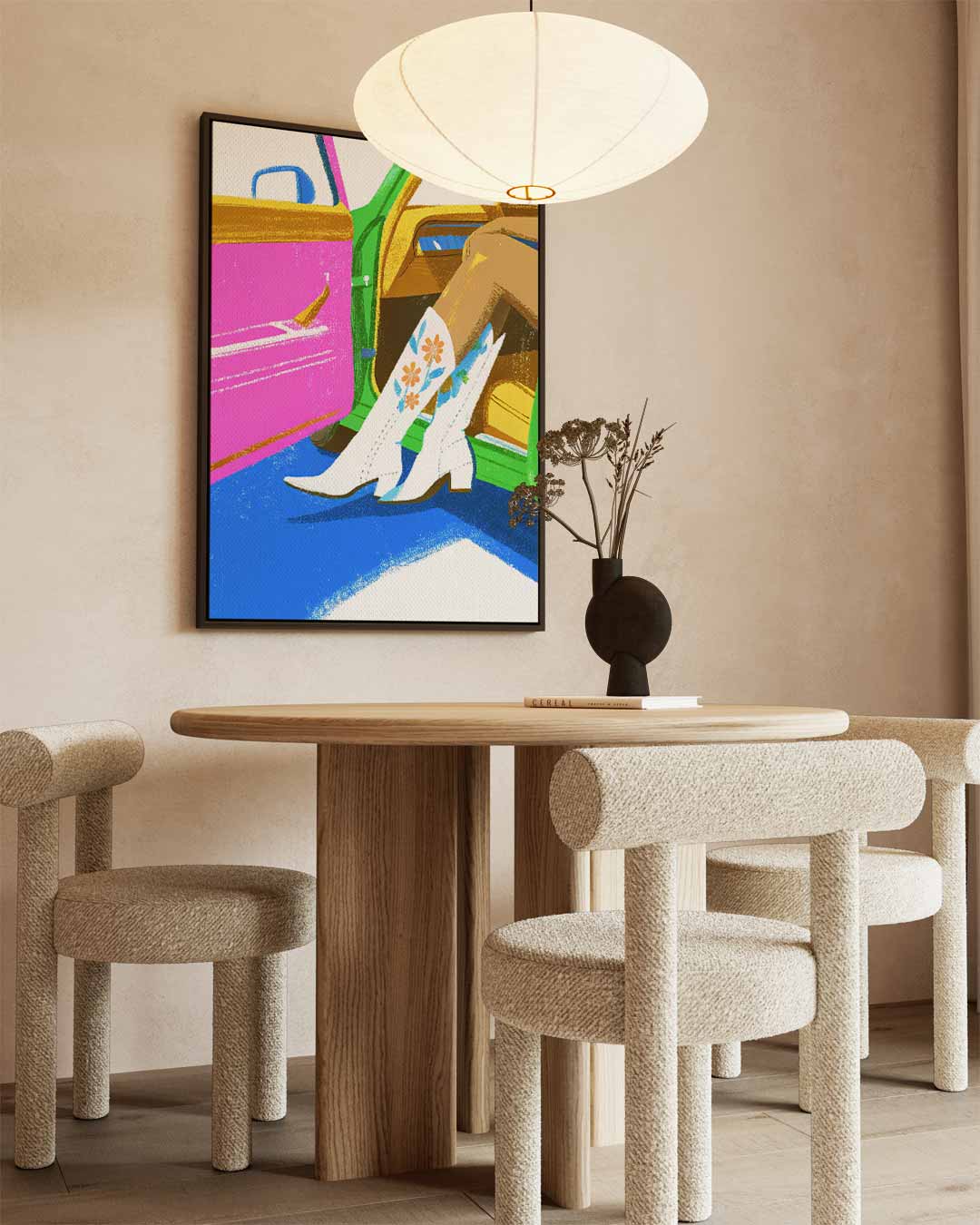Stijlvolle Cowboylaarzen in Retro Auto – canvas wanddecoratie in portret formaat