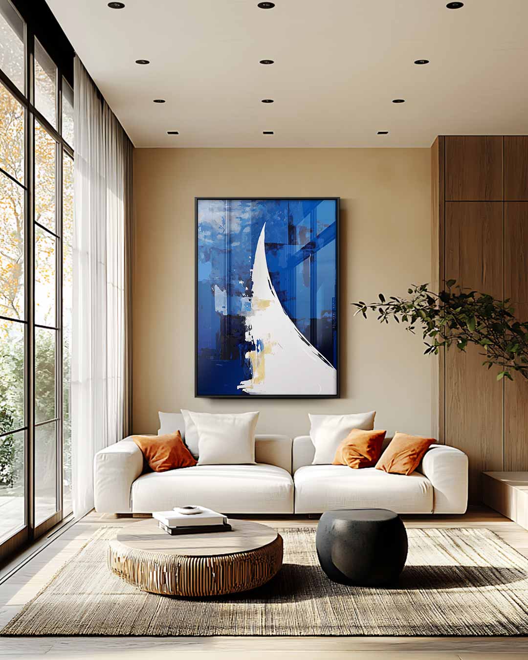Blauwe Abstracte Golf – staande wandkunst voor woonkamer of interieur