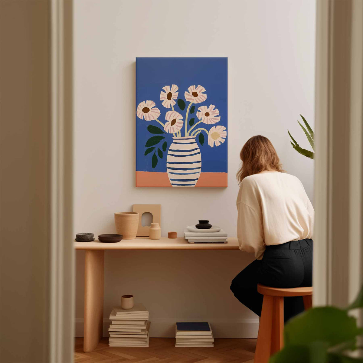 Stralende Bloemen in Gestreepte Vaas – portret kunstwerk als wanddecoratie, afbeelding 17