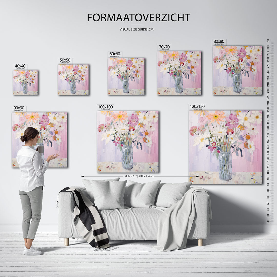 Bloemrijke compositie kunstwerk – dit werk toont een vaas met kleurrijke bloemen tegen een zachte achtergrond. De levendige