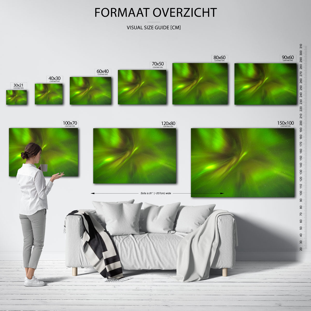 Hemelse lichtstralen poster – sfeerbeeld – deze poster toont een dynamisch spel van groene lichtstralen tegen een donkere